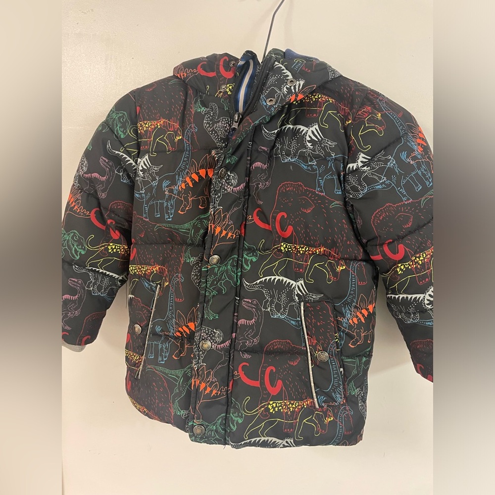Boden dinosaur print winter puffer jacket hooded 6-7